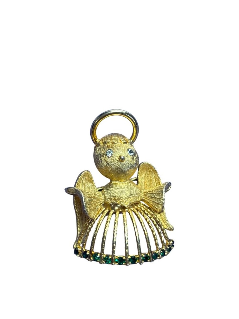 Vtg Brushed Goldtone Angel Brooch Pin Clear Rhinestone Eyes Green Rhinestones